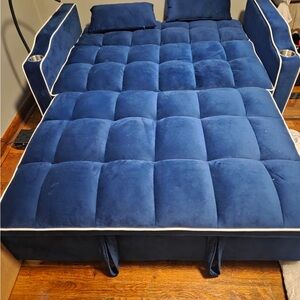 Plush Quilted Blue Convertible Sofa Bed